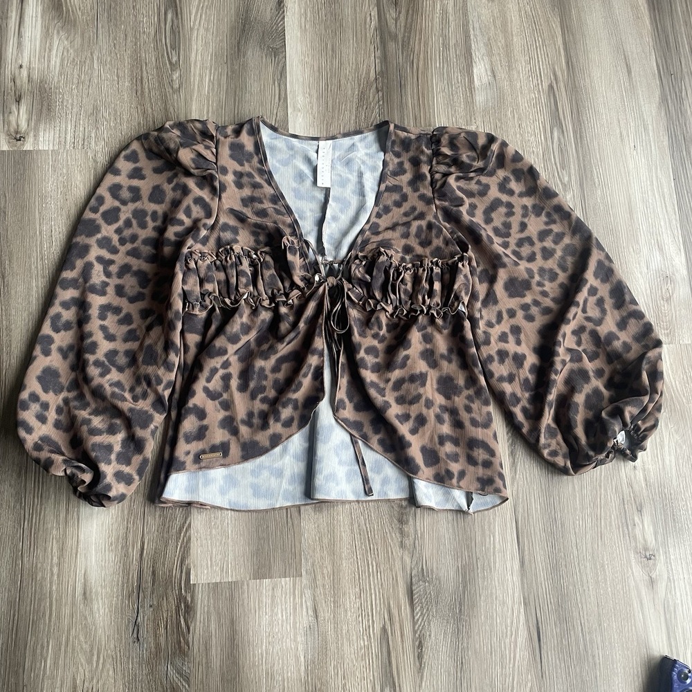 Missguided Long Sleeve flounce tie front Babydoll Top cheetah print Blouse S - Picture 2 of 5